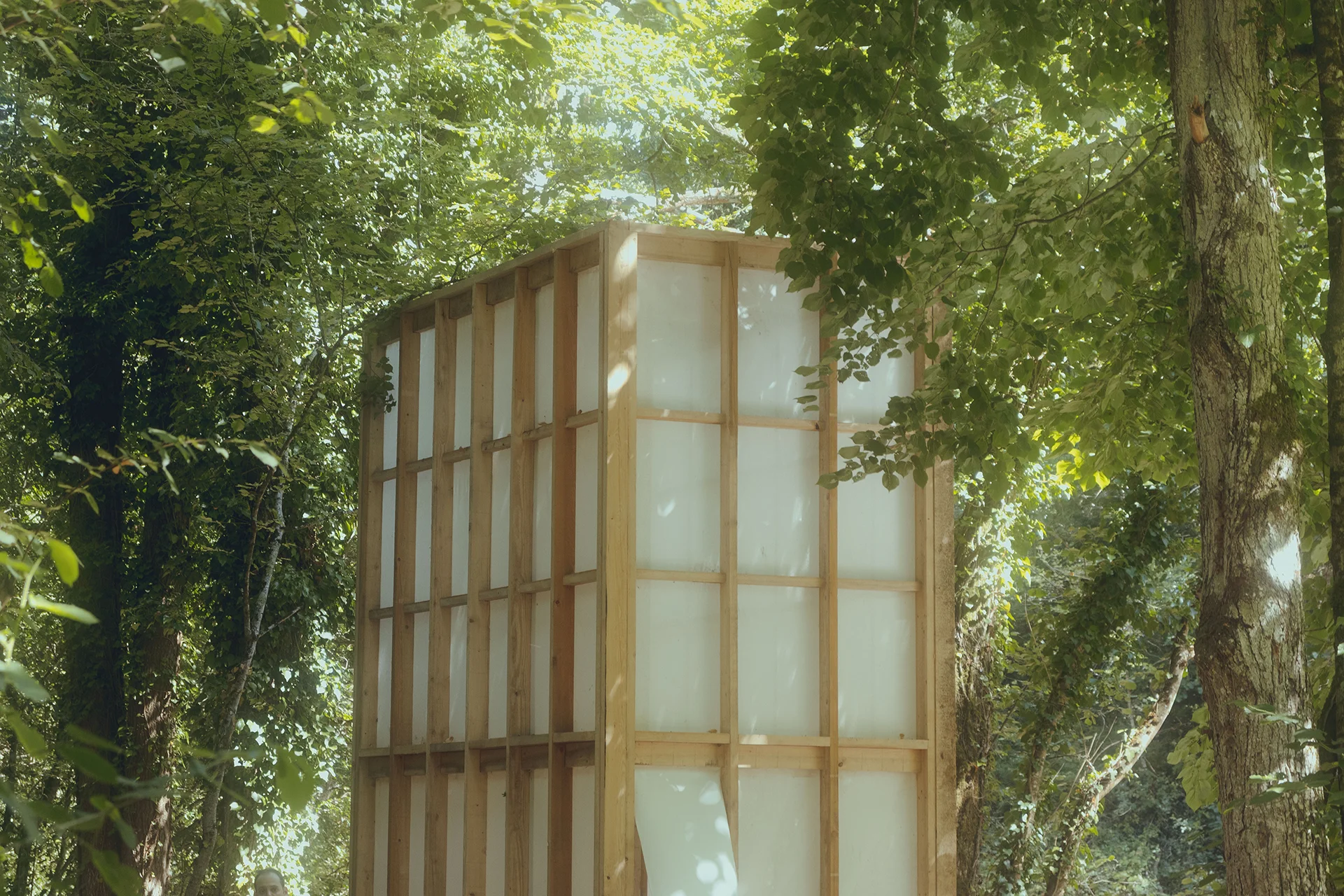 Vue de trois quarts du haut du projet : intégration naturelle du bois et du tissu, verticalité