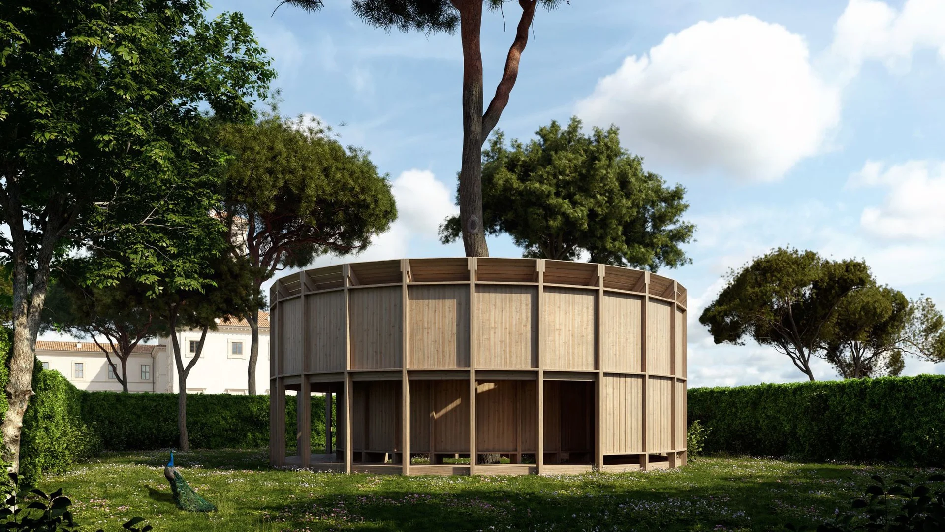 Vue frontale de l'architecture en bois dans le quadrati de la Villa Médicis