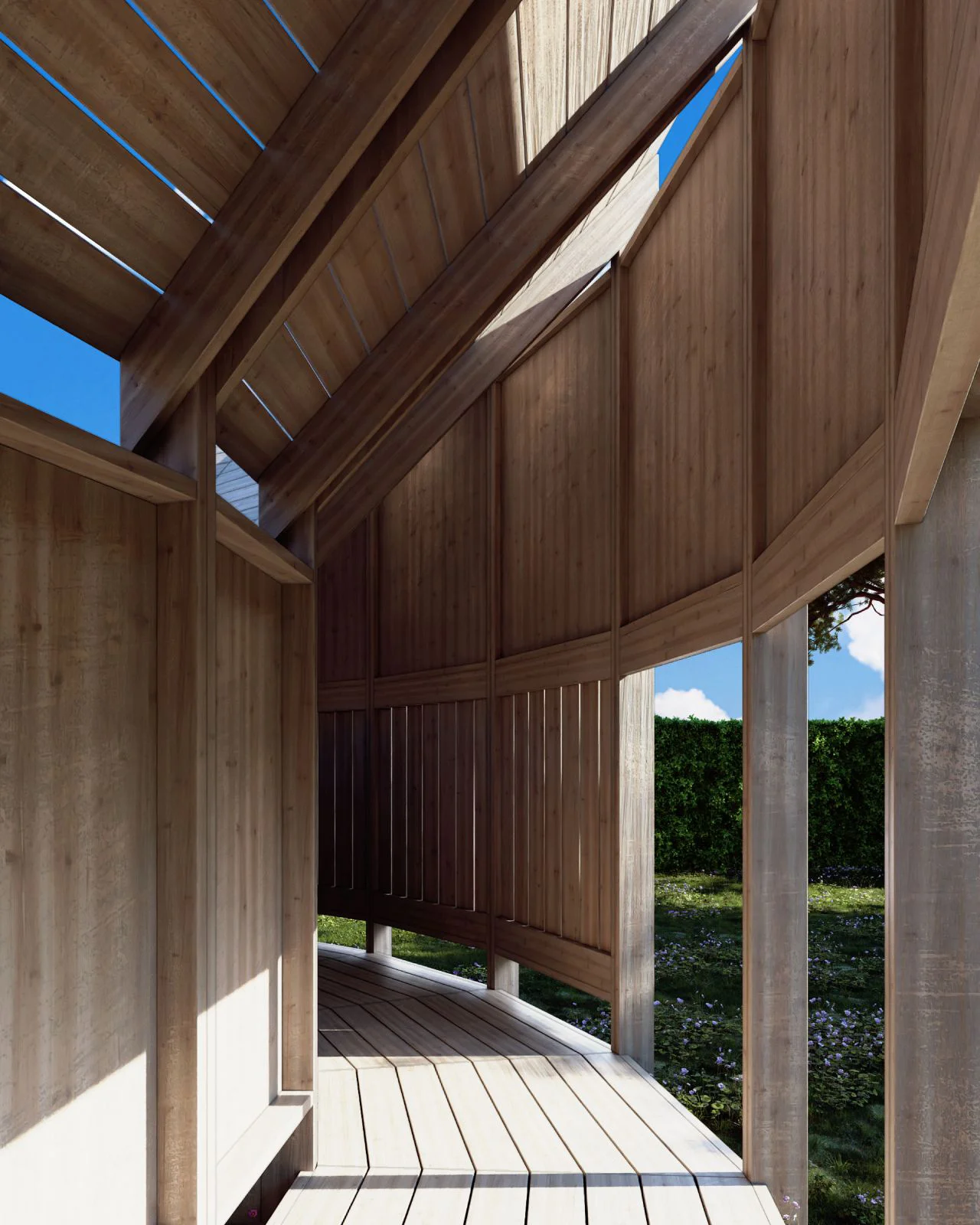 Seuil entre le jardin et le centre de l'architecture centrée autour du pin, on entre à l'intérieur du projet, lumière filtrée à travers panneaux et éléments verticaux