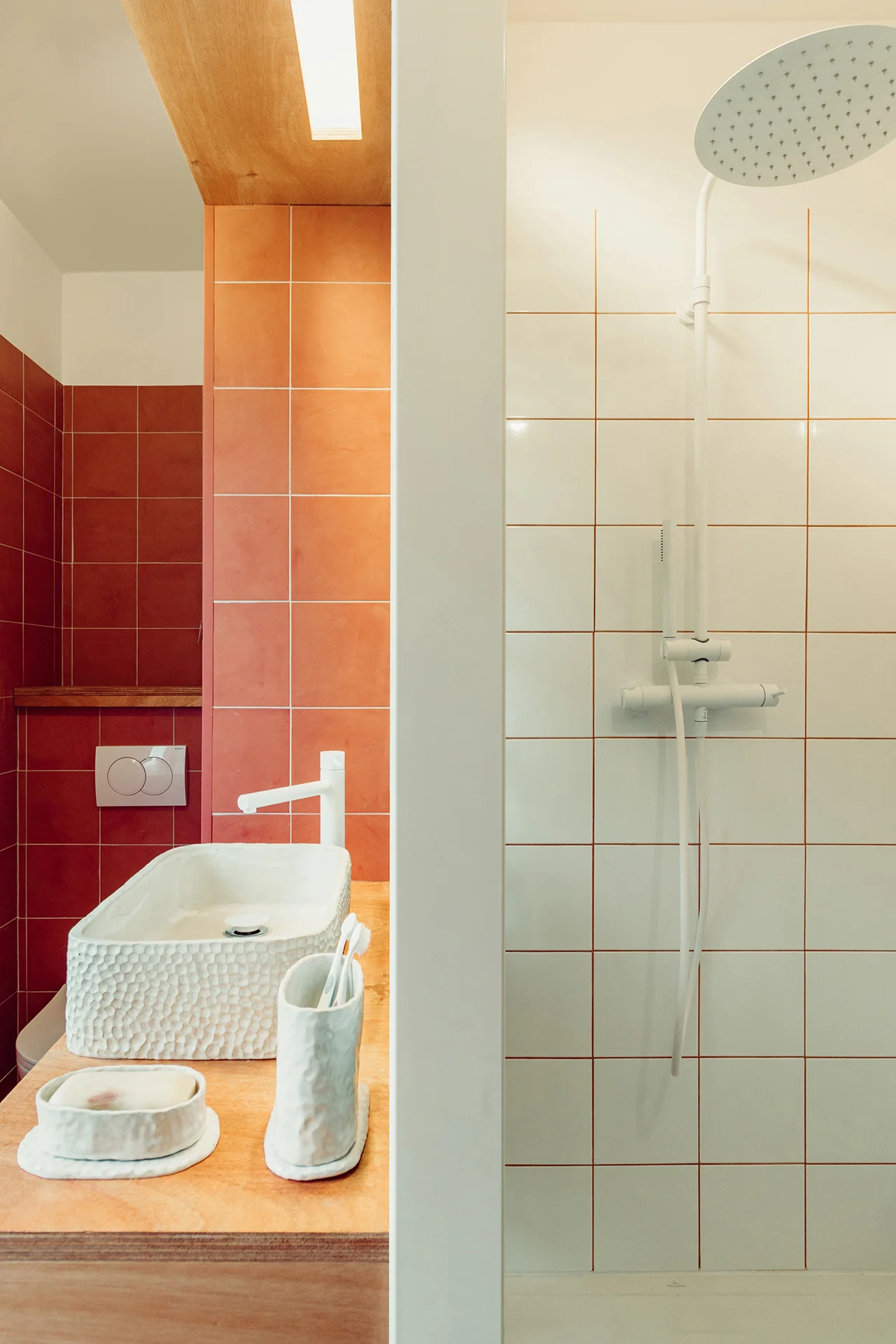 Photo montrant le négatif entre les deux parties Douche et lavabo/WC, entre les carreaux en terre cuite joints blancs et les carreaux blancs à joints terracotta